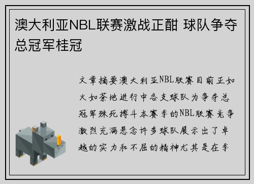 澳大利亚NBL联赛激战正酣 球队争夺总冠军桂冠